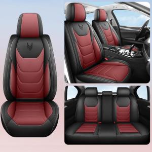 imageAUQDD Full Set 5 Seats Car Seat Covers Nappa Leather Cushion Protector Accessories Fit for Most SUV Sedans Waterproof Breathable Universal Automotive Luxury Front Back Seat Covers BlackampampRed